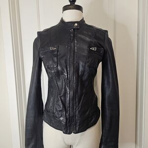 Lucky Brand Black Perforated Faux Leather Moto Jacket